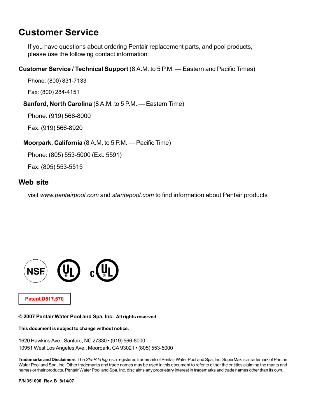 Pentair SuperMax important safety instructions Customer Service, Web site 