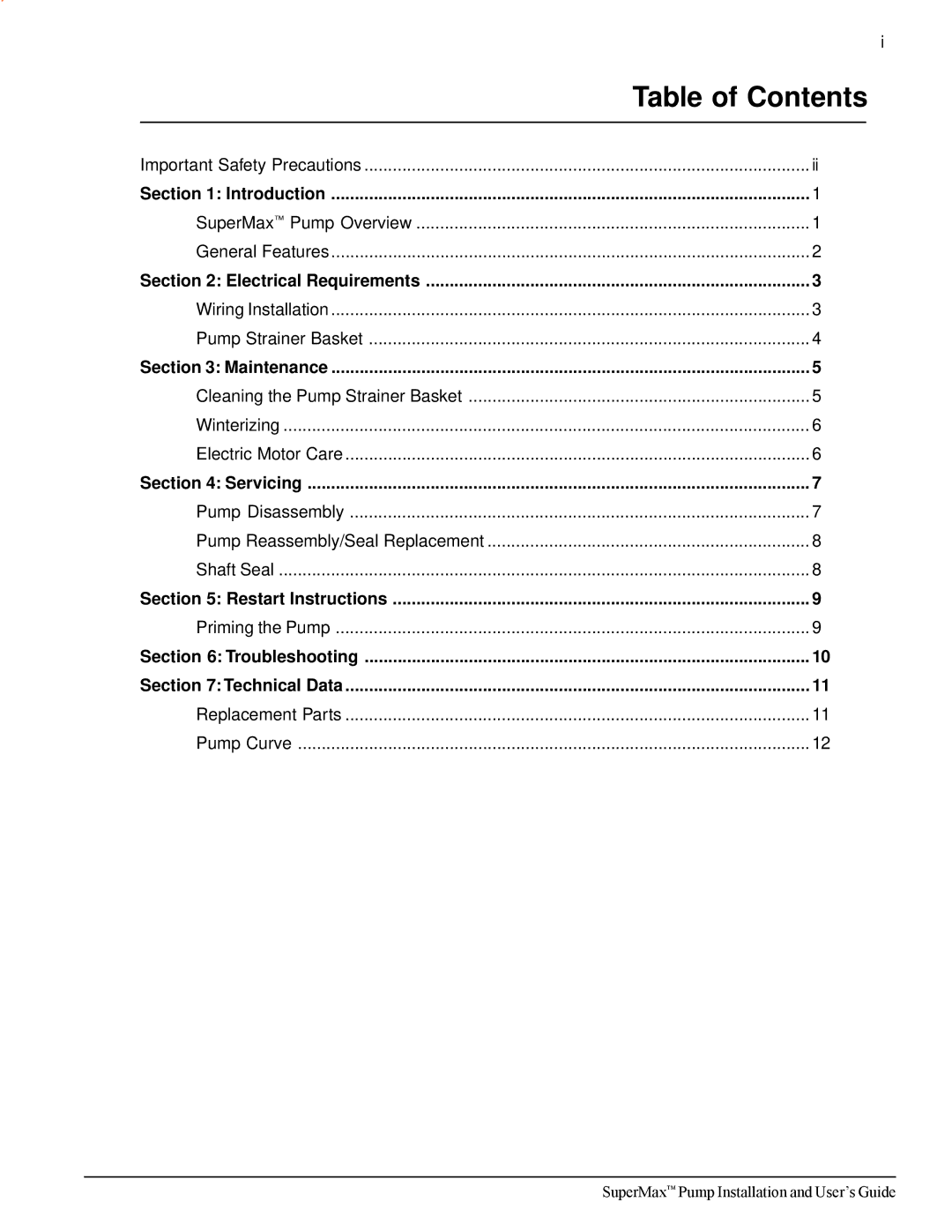 Pentair SuperMax important safety instructions Table of Contents 