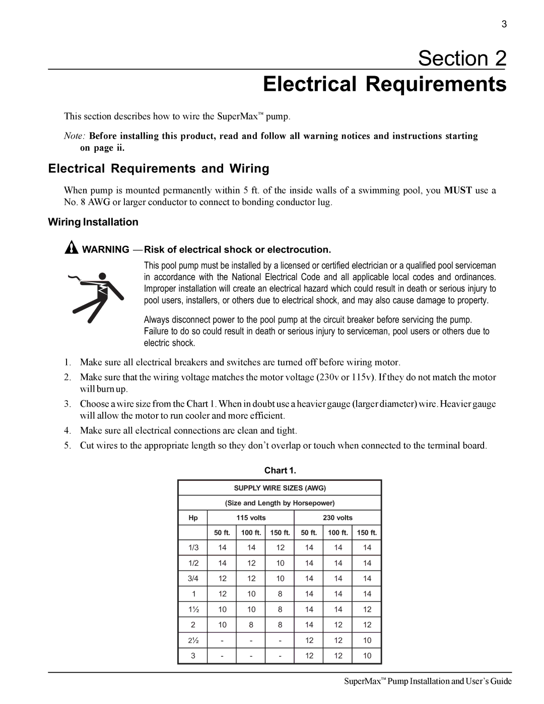 Pentair SuperMax Section Electrical Requirements, Electrical Requirements and Wiring, Wiring Installation 