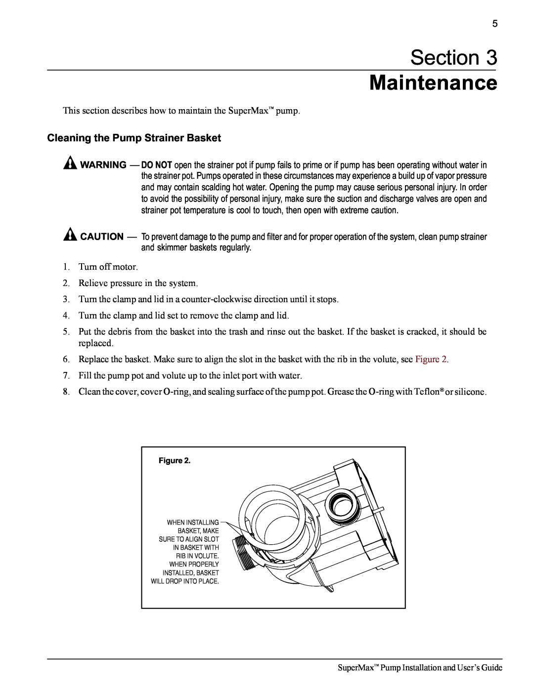 Pentair SuperMax important safety instructions Section Maintenance, Cleaning the Pump Strainer Basket 