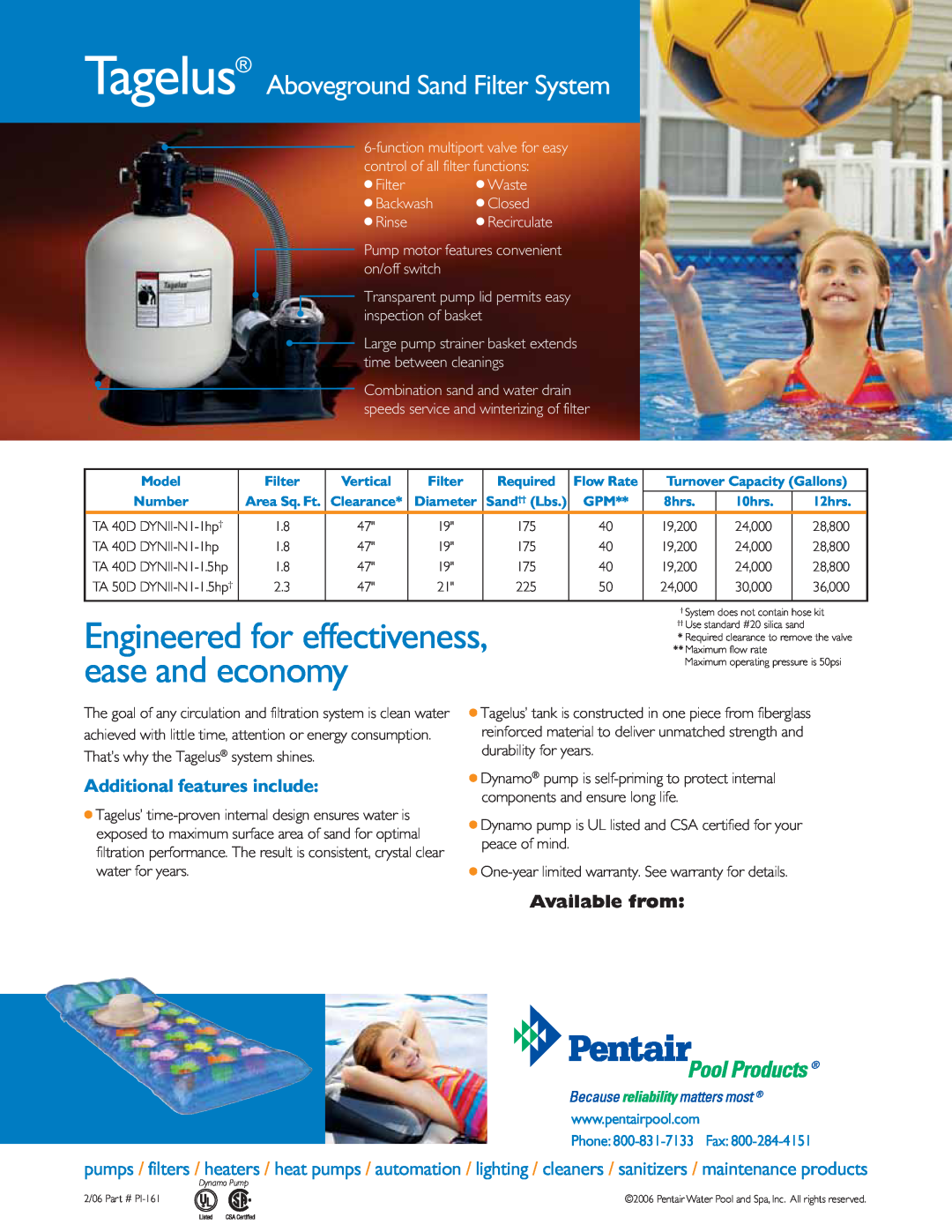 Pentair manual Tagelus Aboveground Sand Filter System, Additional features include, Available from 