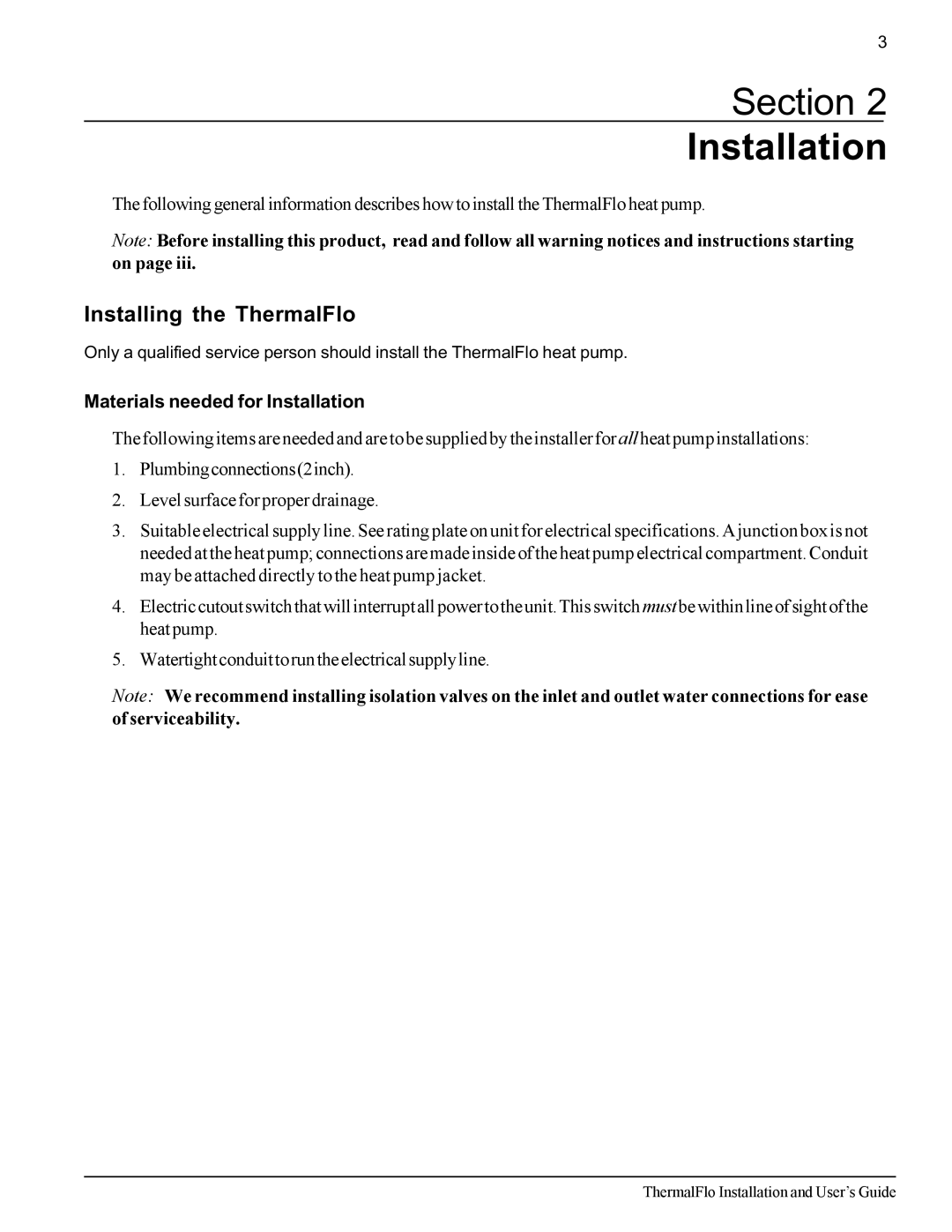 Pentair important safety instructions Section Installation, Installing the ThermalFlo, Materials needed for Installation 