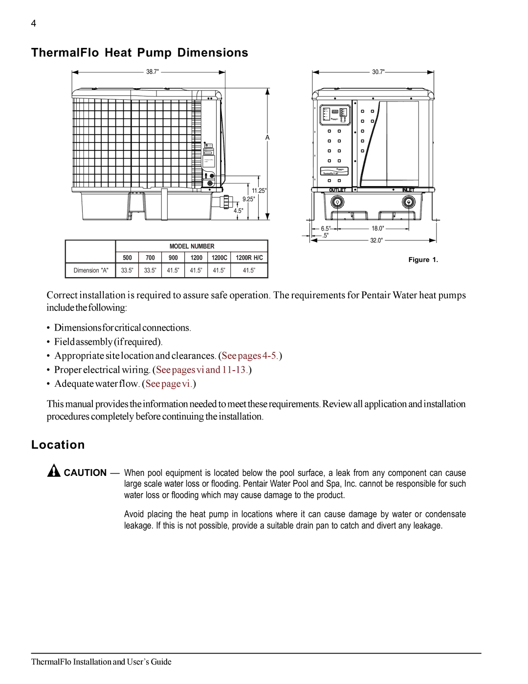 Pentair important safety instructions ThermalFlo Heat Pump Dimensions, Location 