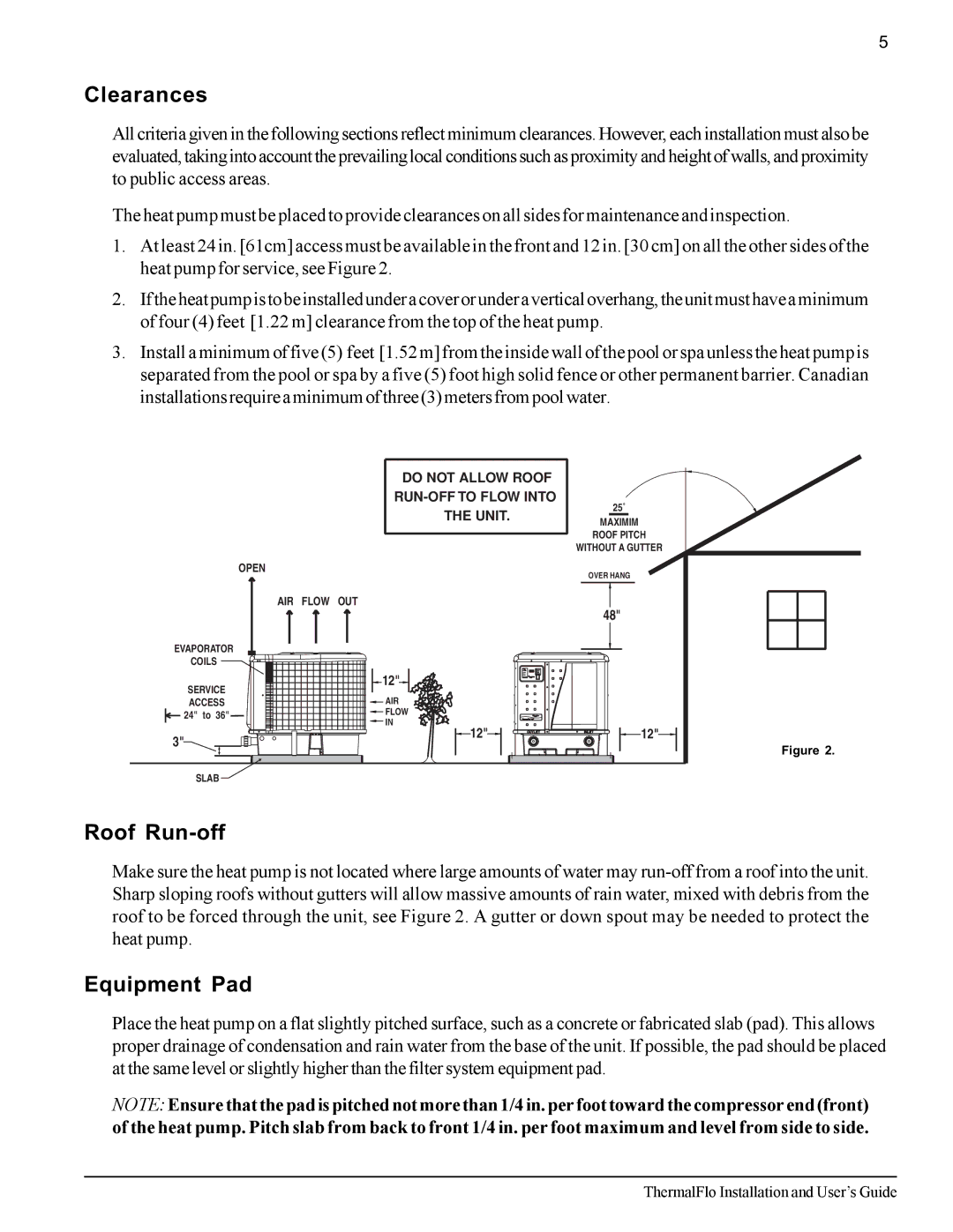 Pentair ThermalFlo important safety instructions Clearances, Roof Run-off, Equipment Pad 