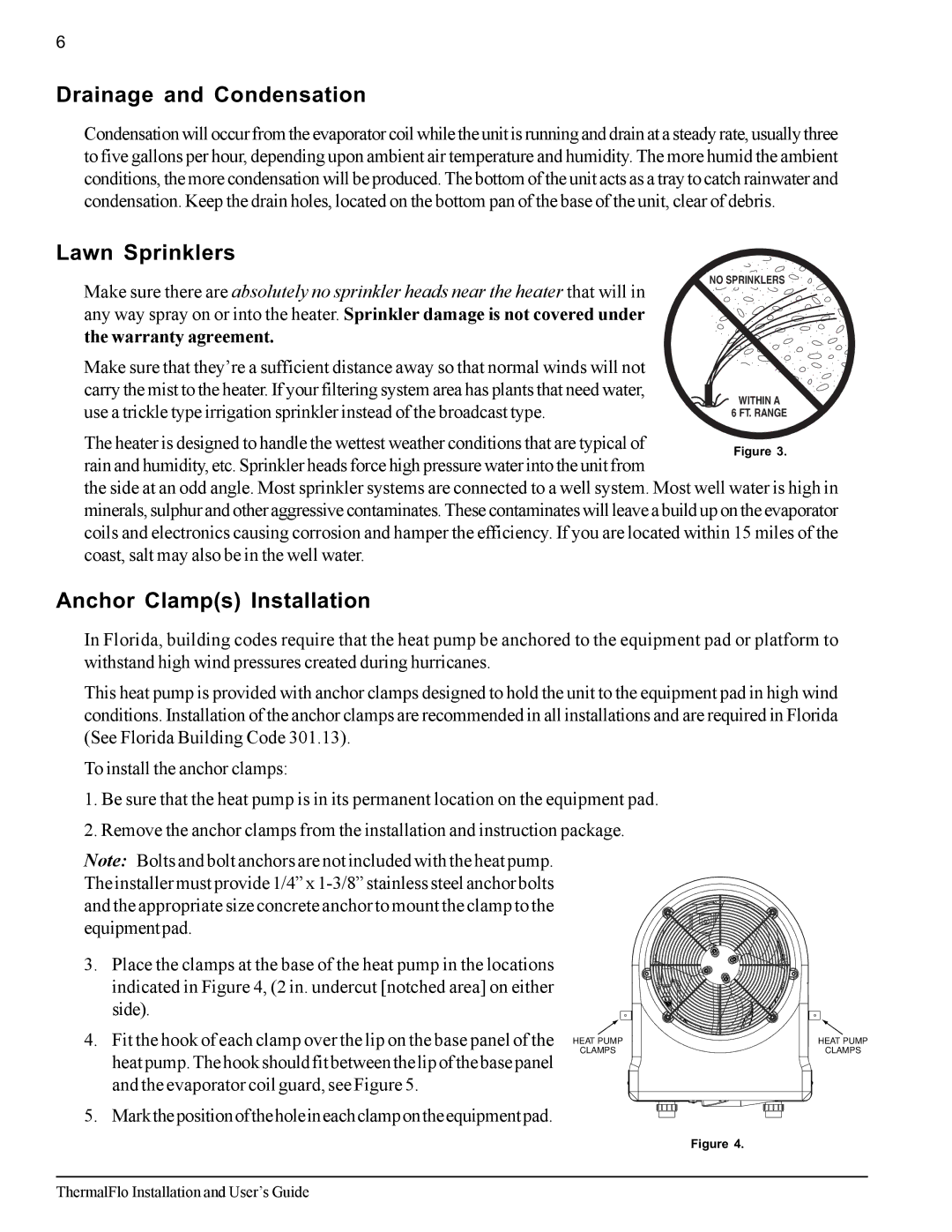 Pentair ThermalFlo important safety instructions Drainage and Condensation, Lawn Sprinklers, Anchor Clamps Installation 