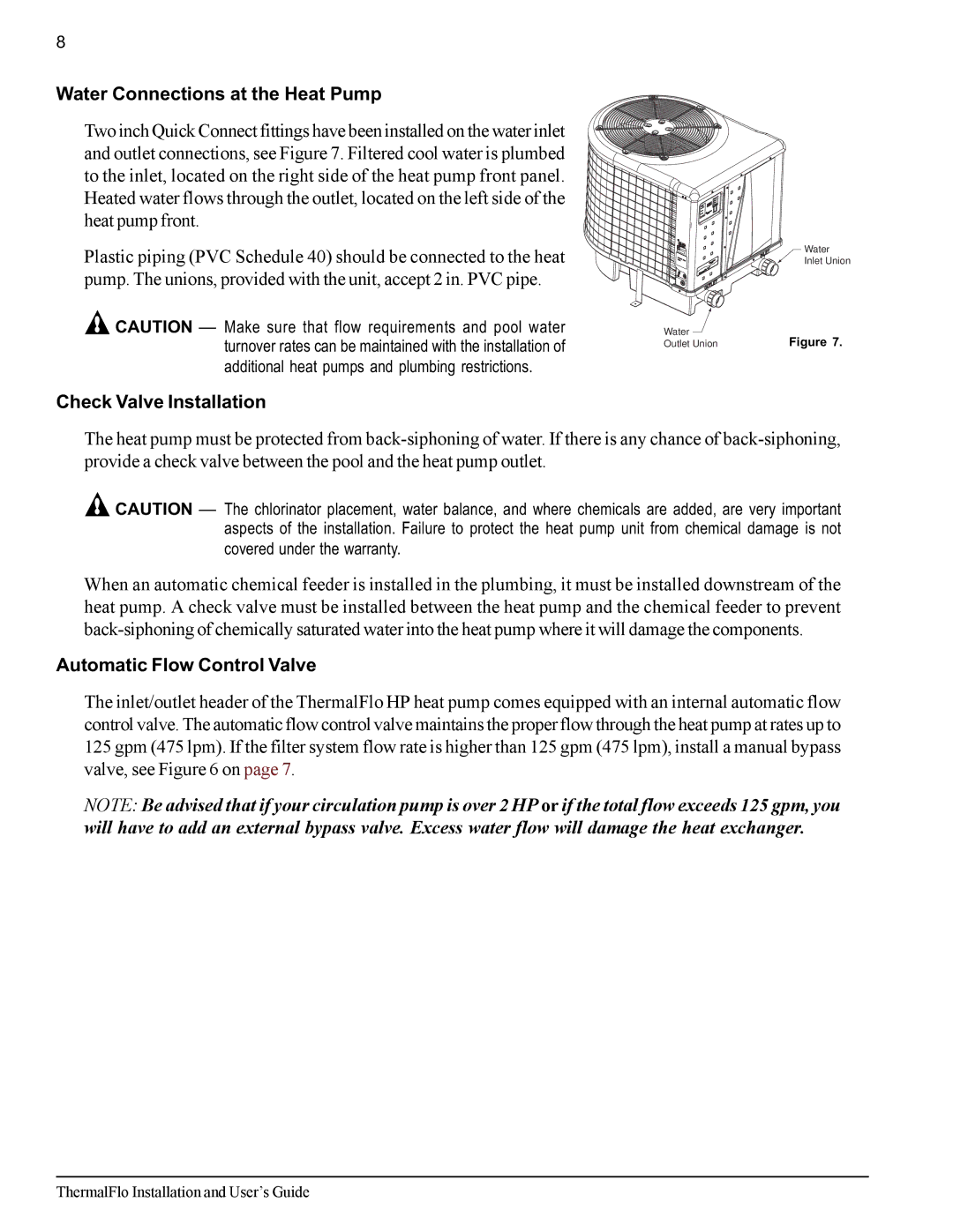 Pentair ThermalFlo Water Connections at the Heat Pump, Check Valve Installation, Automatic Flow Control Valve 