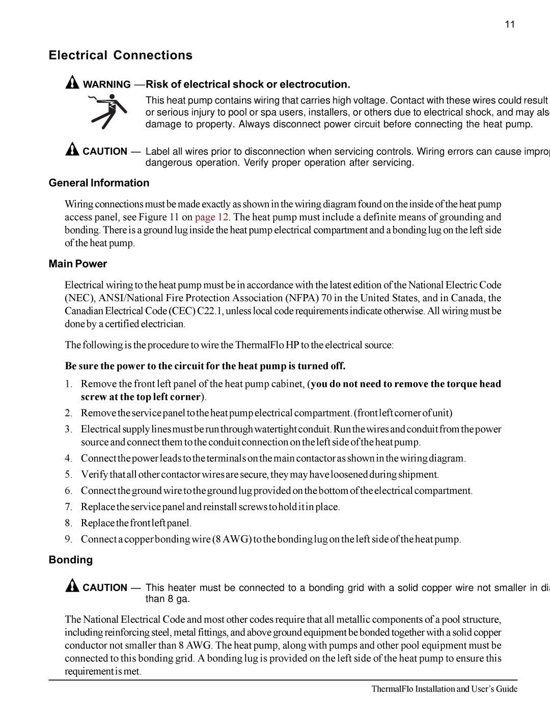 Pentair ThermalFlo important safety instructions Electrical Connections, General Information, Main Power, Bonding 