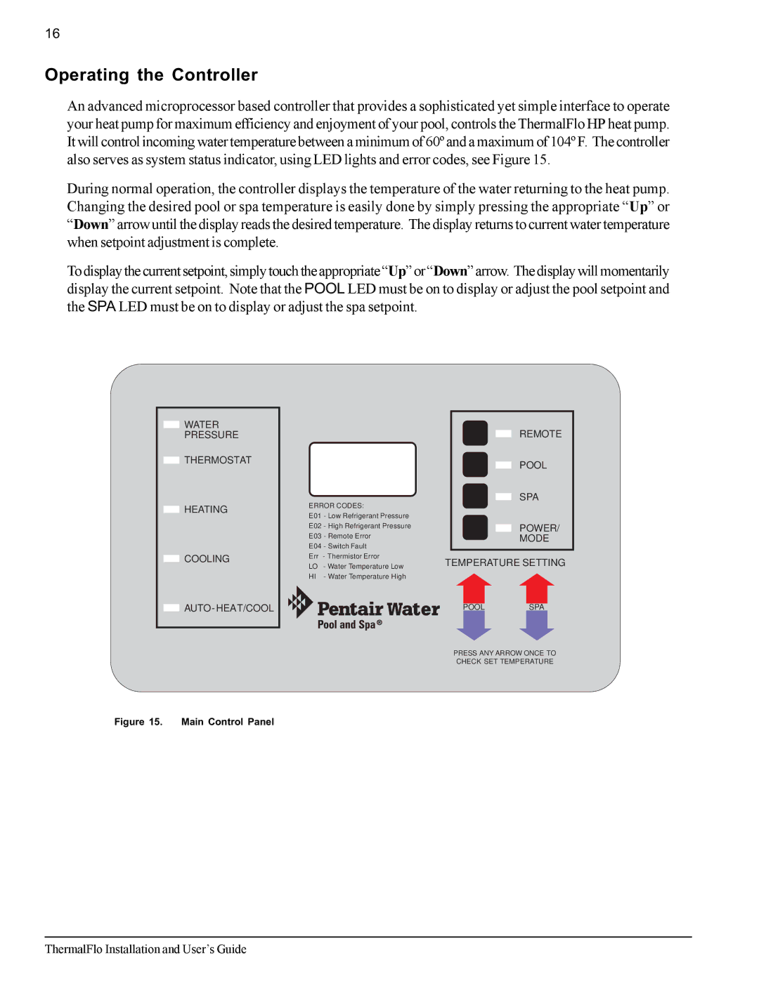 Pentair ThermalFlo important safety instructions Operating the Controller, Water Pressure Thermostat Heating Cooling 