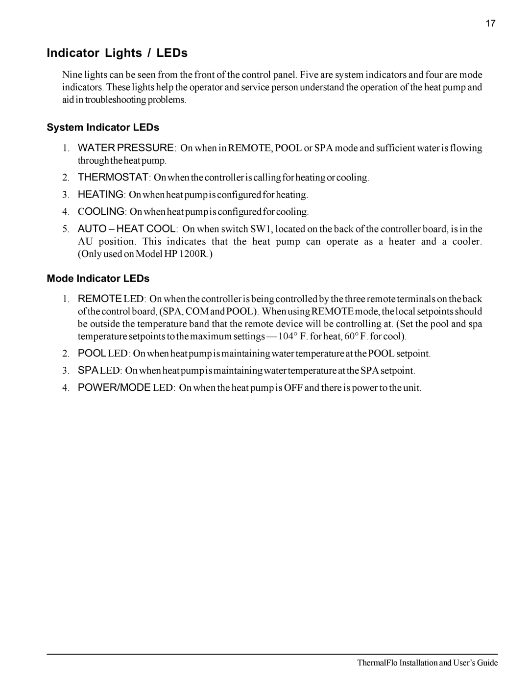 Pentair ThermalFlo important safety instructions Indicator Lights / LEDs, System Indicator LEDs, Mode Indicator LEDs 