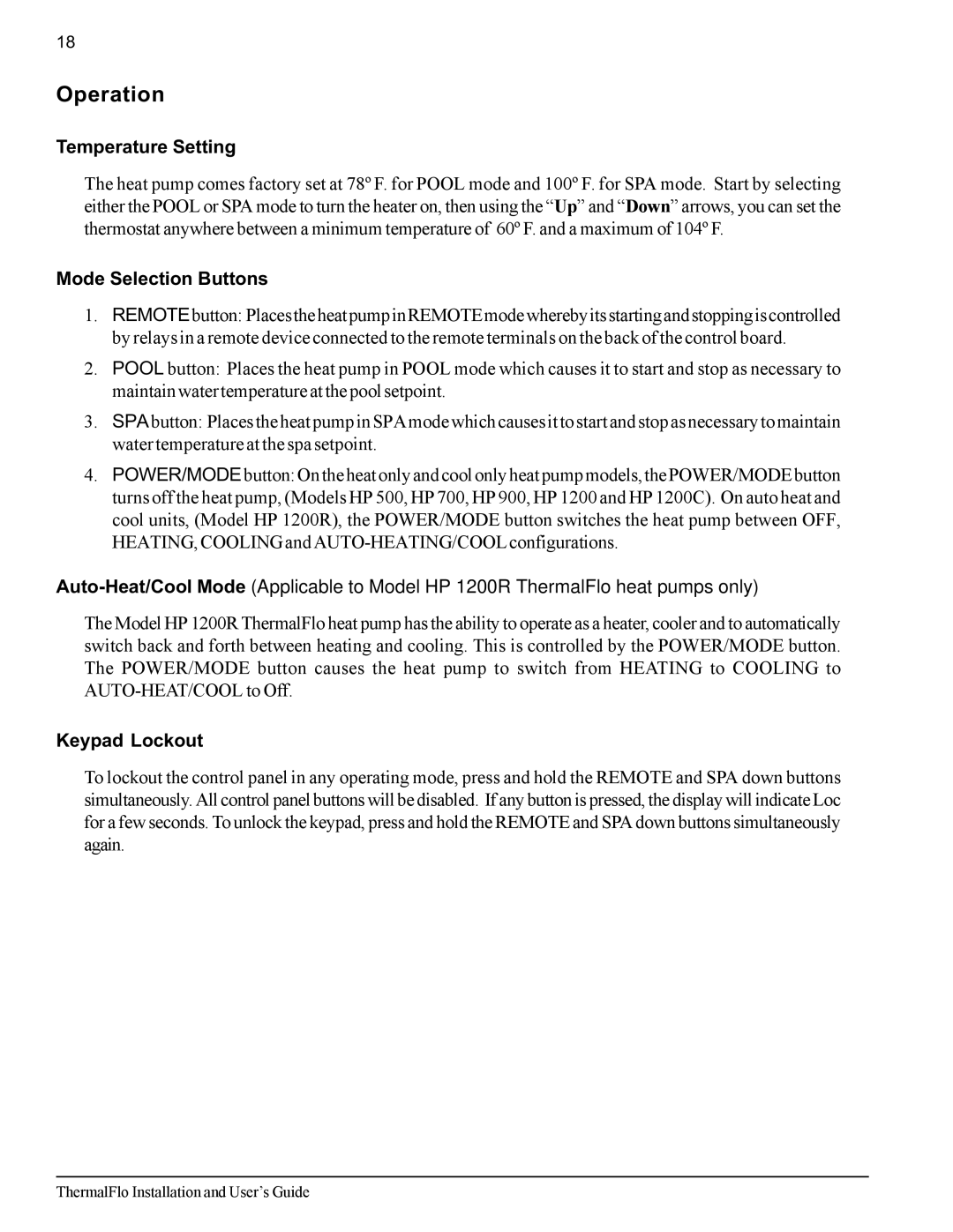 Pentair ThermalFlo important safety instructions Operation, Temperature Setting, Mode Selection Buttons, Keypad Lockout 