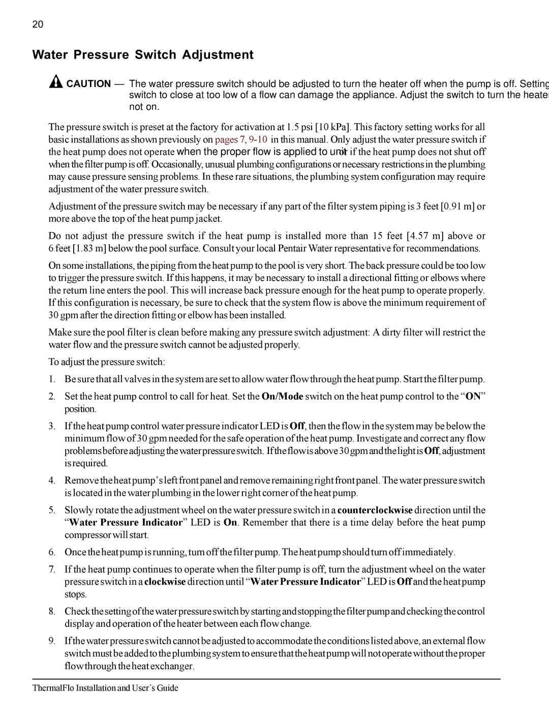 Pentair ThermalFlo important safety instructions Water Pressure Switch Adjustment 