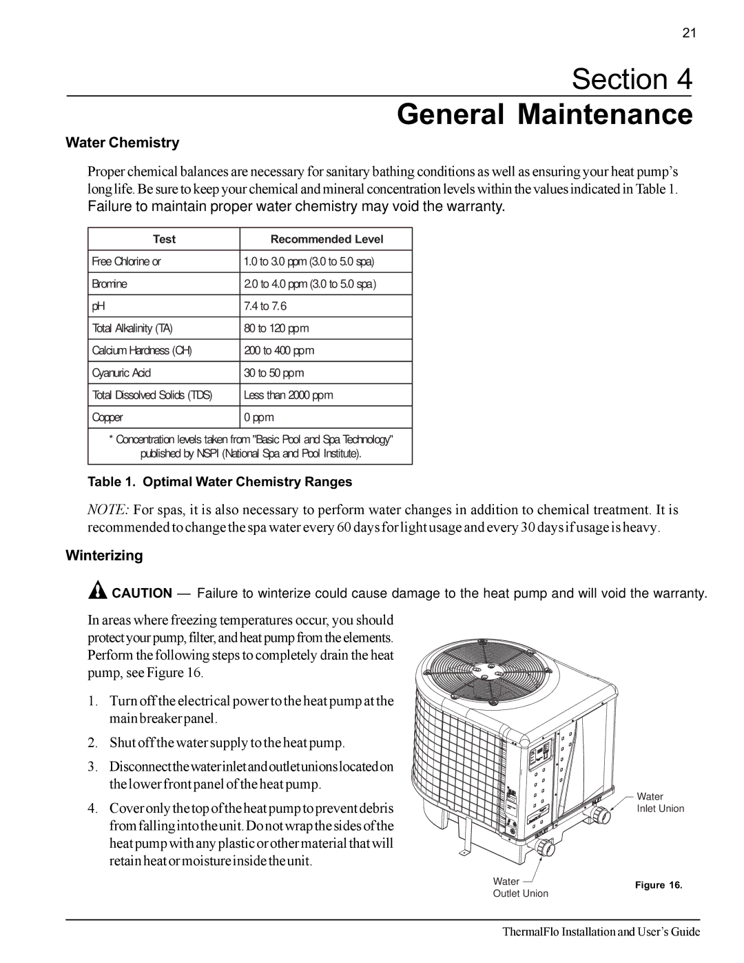 Pentair ThermalFlo important safety instructions Section General Maintenance, Water Chemistry, Winterizing 