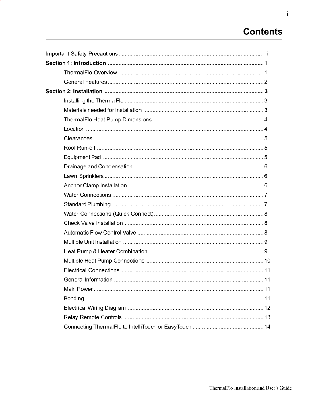 Pentair ThermalFlo important safety instructions Contents 