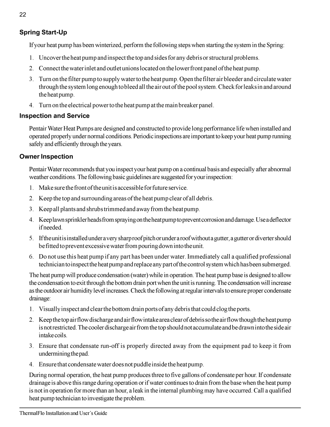 Pentair ThermalFlo important safety instructions Spring Start-Up, Inspection and Service, Owner Inspection 