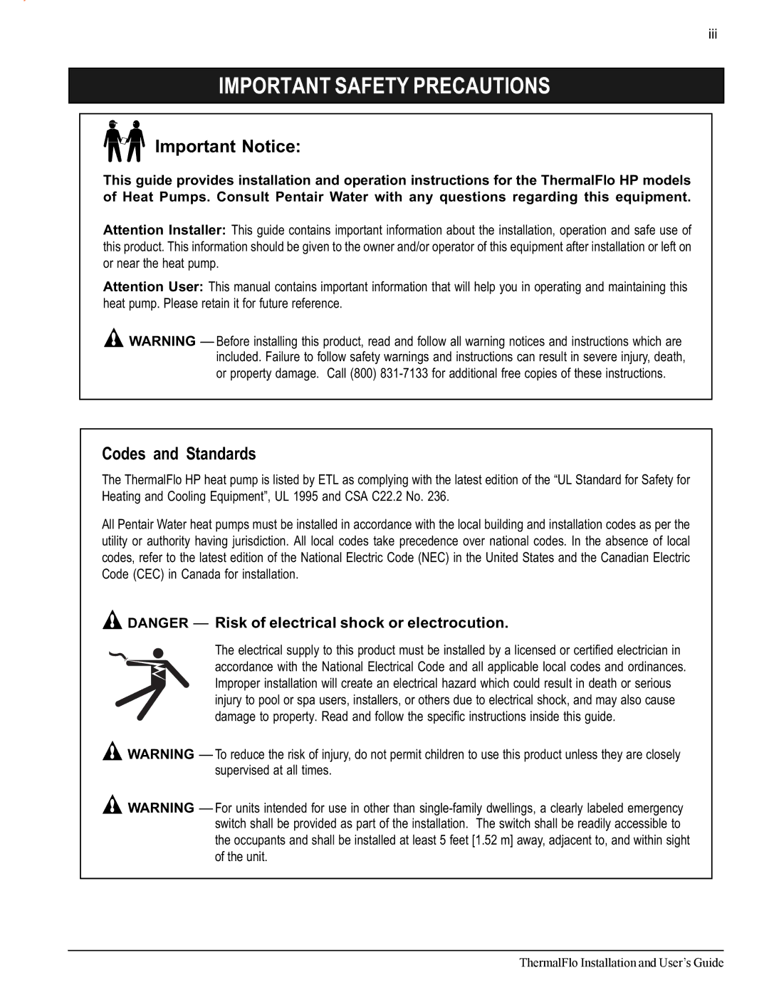 Pentair ThermalFlo important safety instructions Important Notice, Codes and Standards 