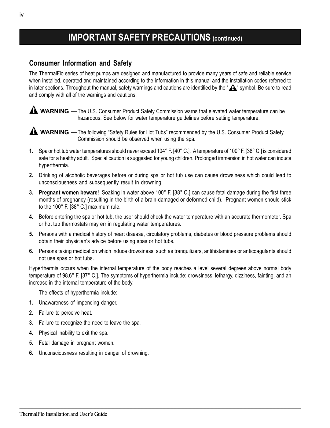 Pentair ThermalFlo important safety instructions Important Safety Precautions, Consumer Information and Safety 