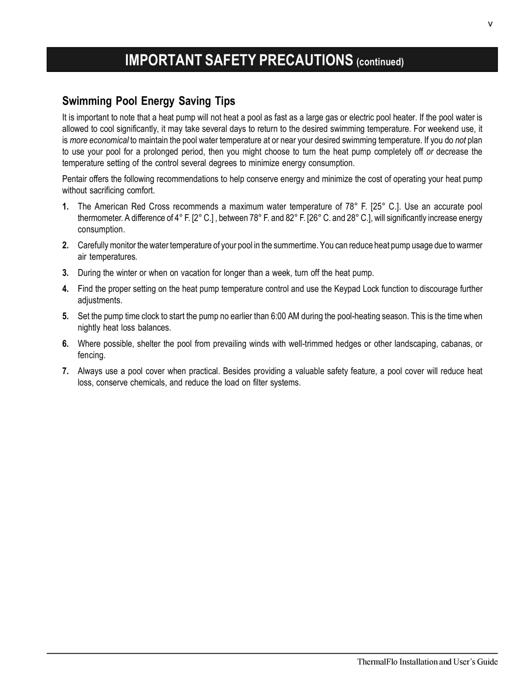 Pentair ThermalFlo important safety instructions Swimming Pool Energy Saving Tips 