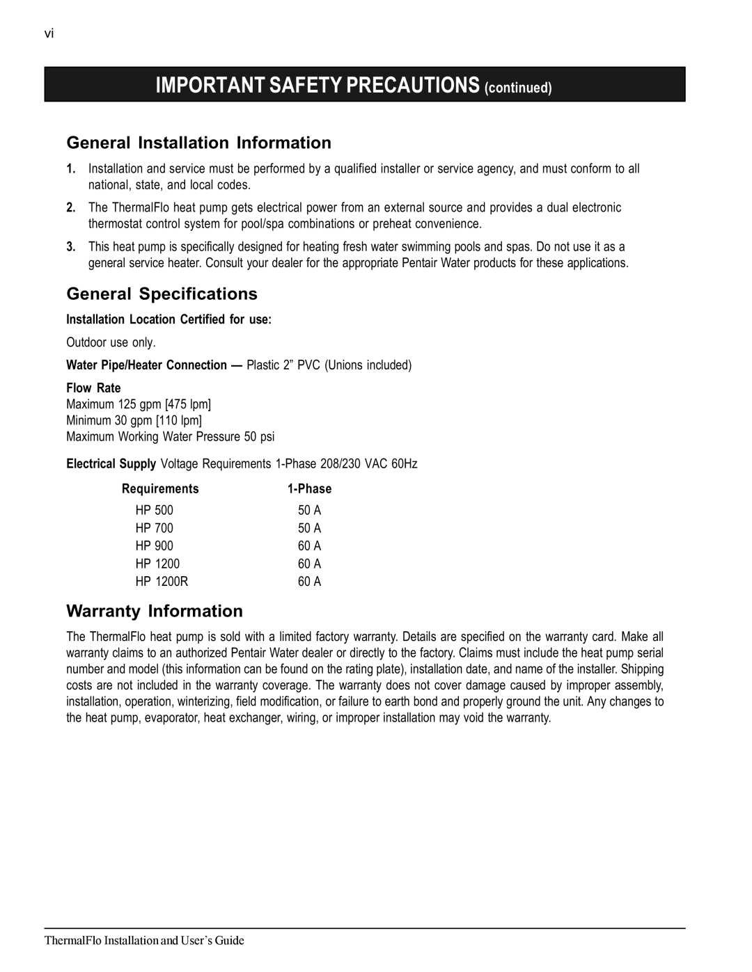 Pentair ThermalFlo General Installation Information, General Specifications, Warranty Information 