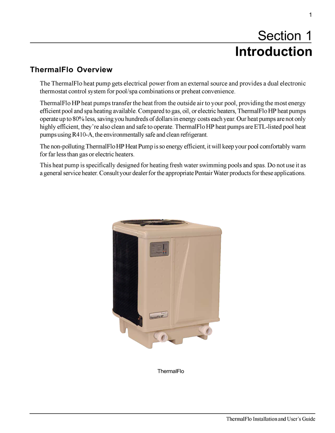 Pentair important safety instructions Section Introduction, ThermalFlo Overview 