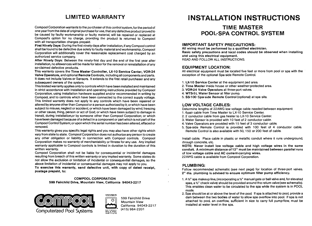 Pentair Time Master installation instructions Important Safety Precautions, Equipment Location, Low Voltage Cables 