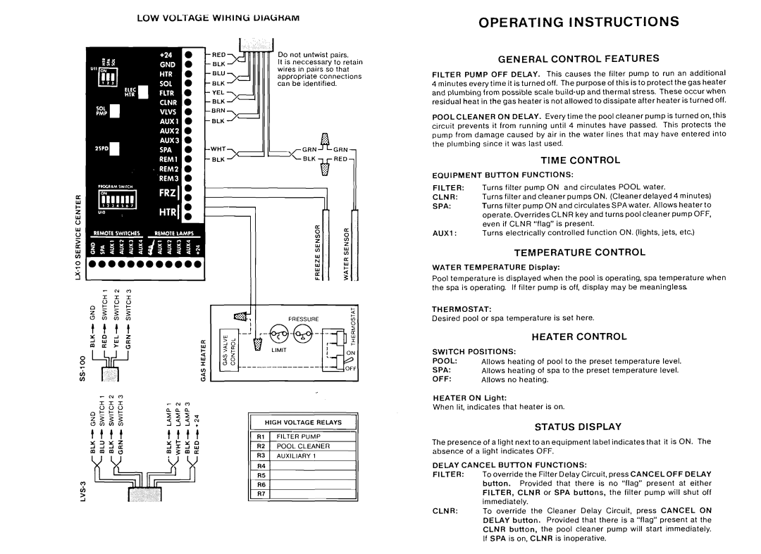 Pentair Time Master Operating Instructions, LOW VOLTAGE WlHlNti UlAGHAM, General Control Features, Time Control, t t t t 