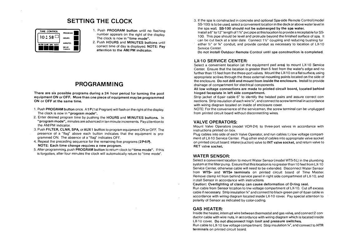 Pentair Time Master Setting The Clock, Programming, U - 10 SERVICE CENTER, Valve Operators, Water Sensor, Gas Heater 