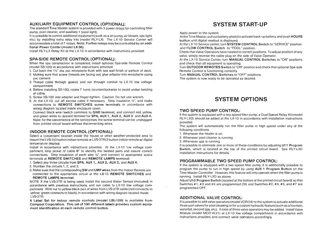 Pentair Time Master installation instructions System START-UP, System Options 