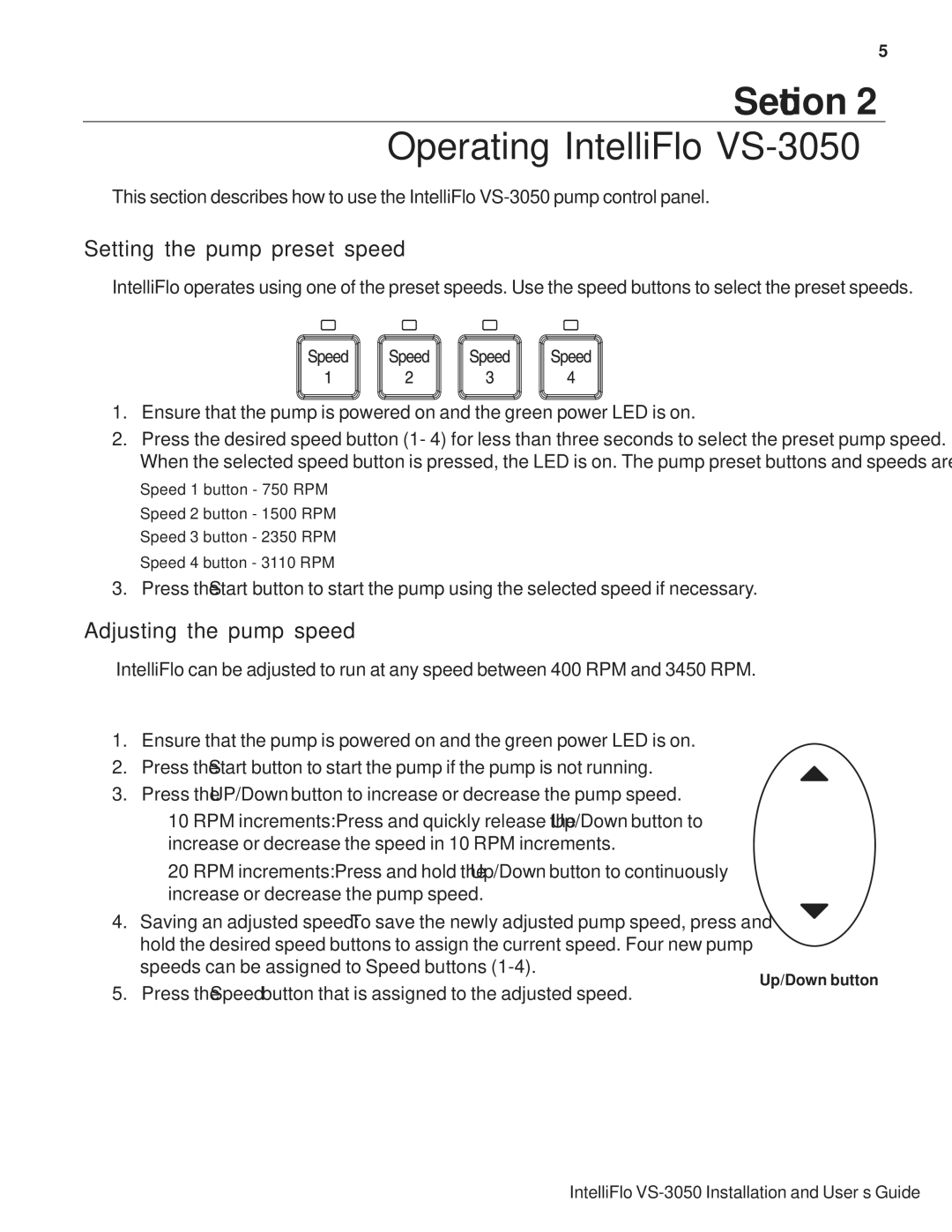 Pentair VS-3050 important safety instructions Setting the pump preset speed, Adjusting the pump speed 