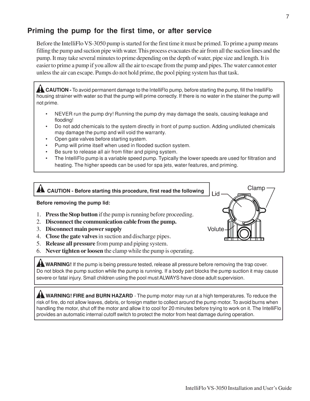 Pentair VS-3050 important safety instructions Priming the pump for the first time, or after service, Volute 