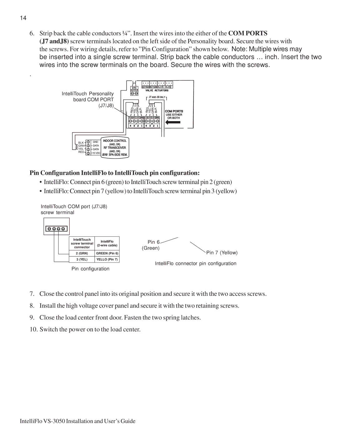 Pentair VS-3050 important safety instructions IntelliTouch Personality board COM Port J7/J8 