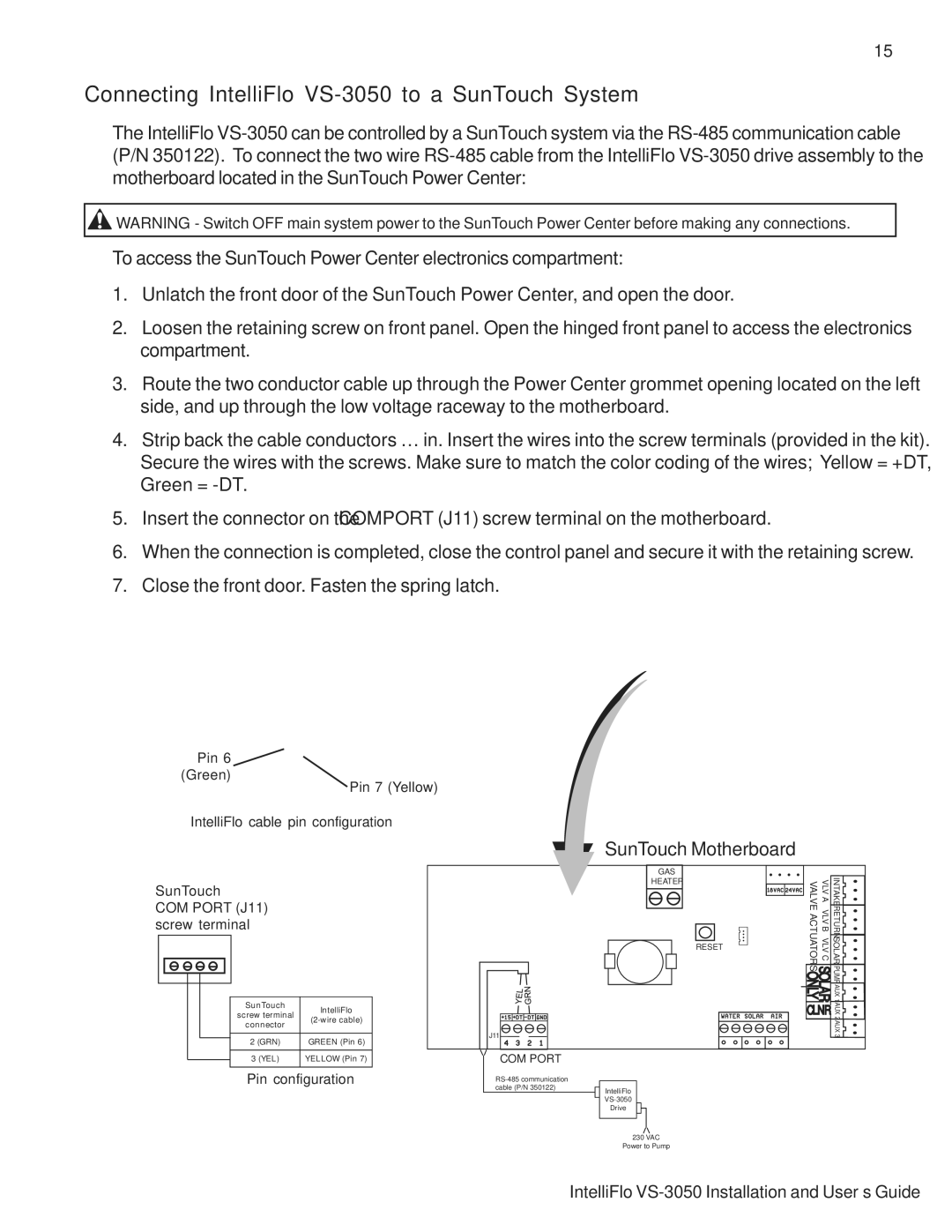 Pentair important safety instructions Connecting IntelliFlo VS-3050 to a SunTouch System, SunTouch Motherboard 