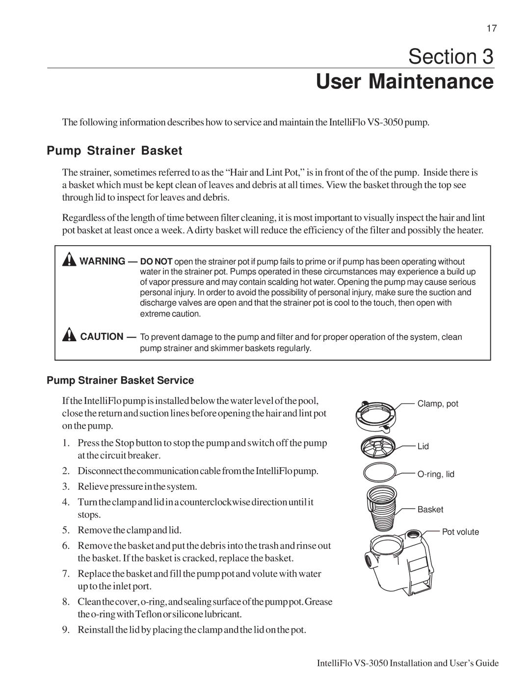 Pentair VS-3050 important safety instructions Pump Strainer Basket Service 