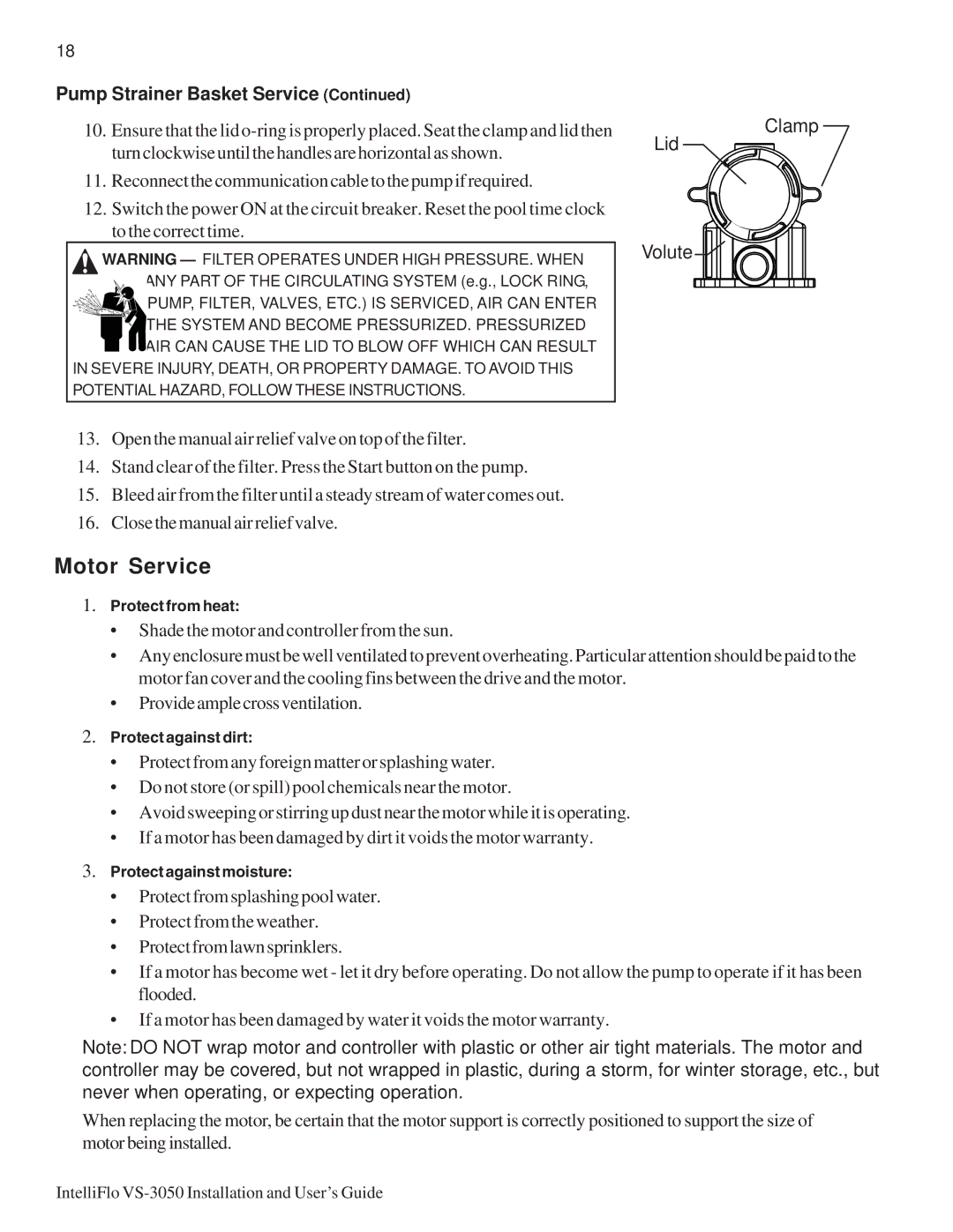 Pentair VS-3050 important safety instructions Motor Service, Clamp Lid Volute 