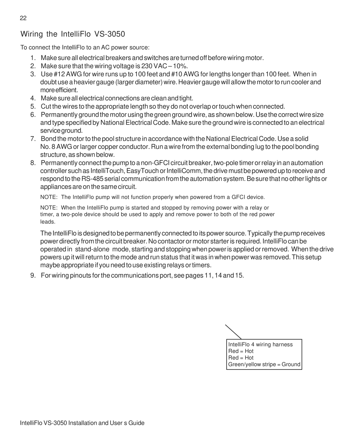 Pentair important safety instructions Wiring the IntelliFlo VS-3050 