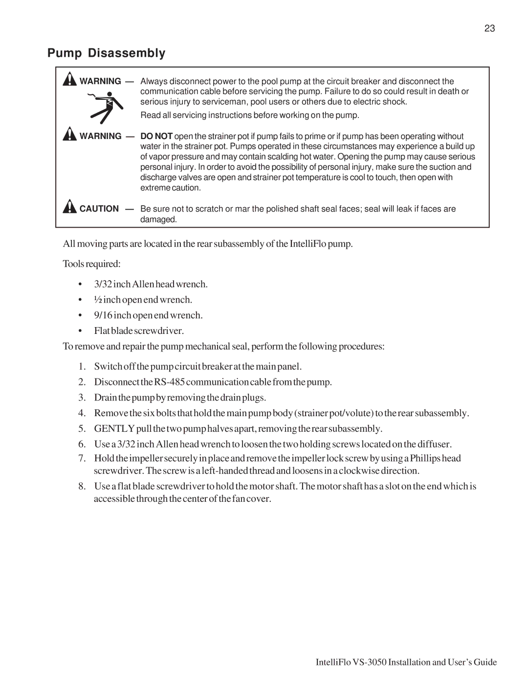 Pentair VS-3050 important safety instructions Pump Disassembly 