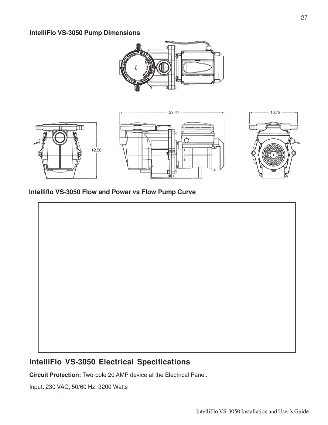 Pentair important safety instructions IntelliFlo VS-3050 Electrical Specifications, IntelliFlo VS-3050 Pump Dimensions 