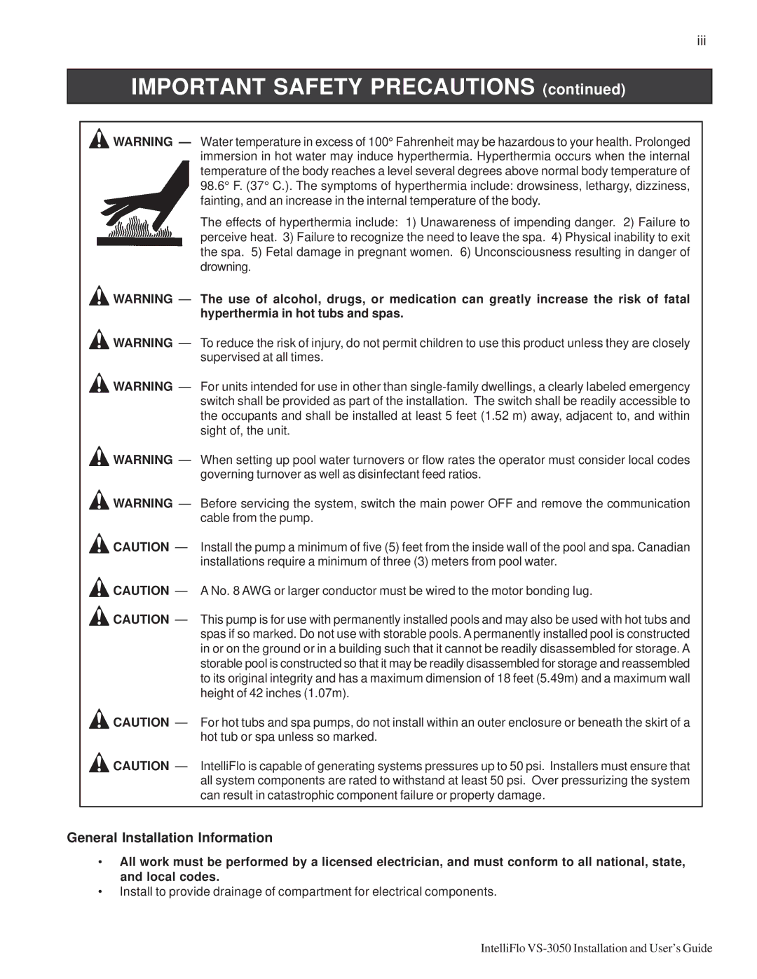 Pentair VS-3050 important safety instructions Important Safety Precautions 