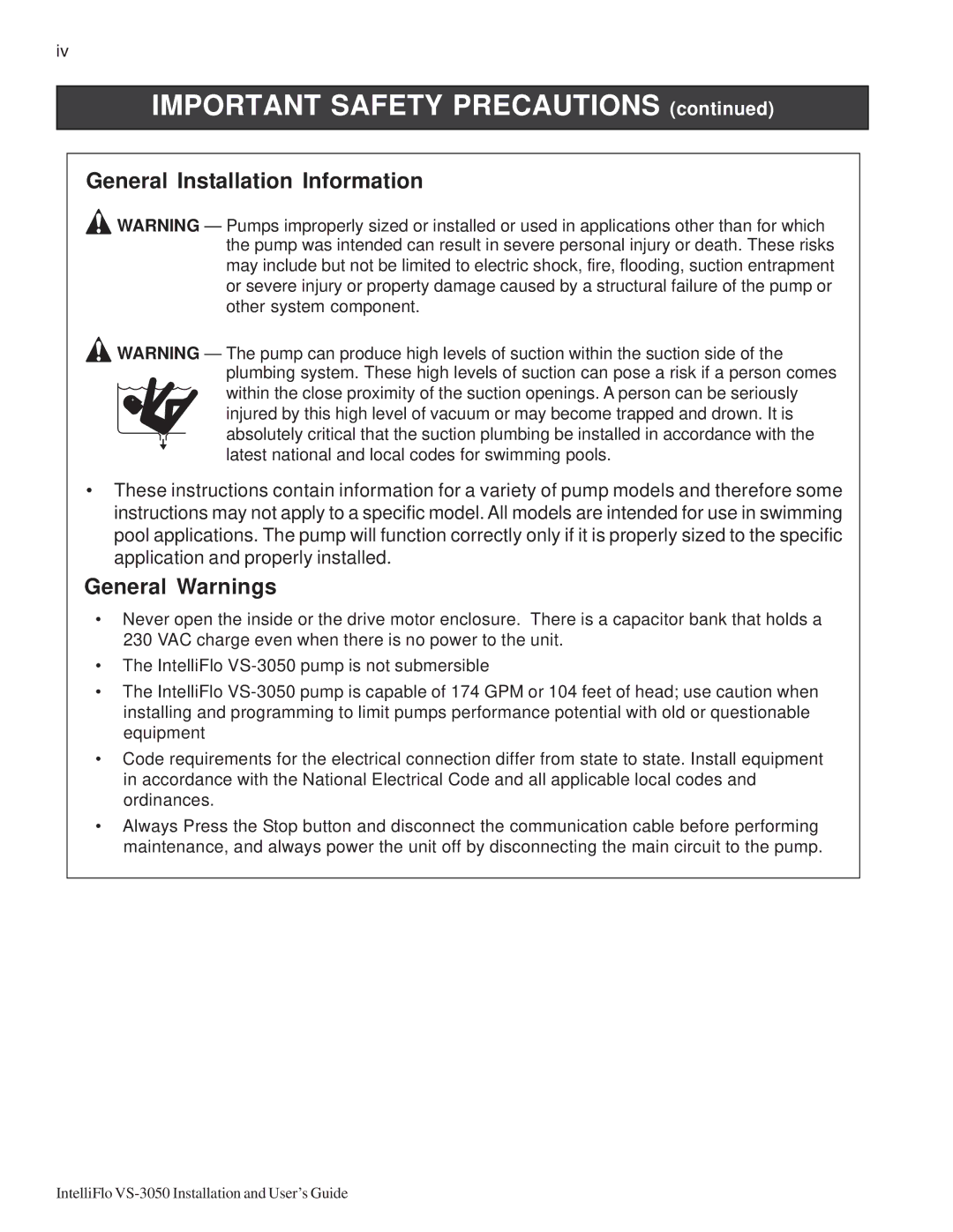 Pentair VS-3050 important safety instructions General Installation Information, General Warnings 