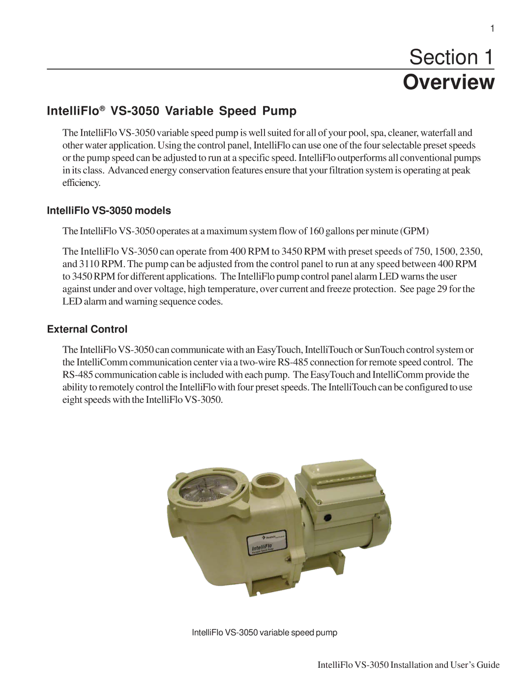 Pentair IntelliFlo VS-3050 Variable Speed Pump, IntelliFlo VS-3050 models, External Control 