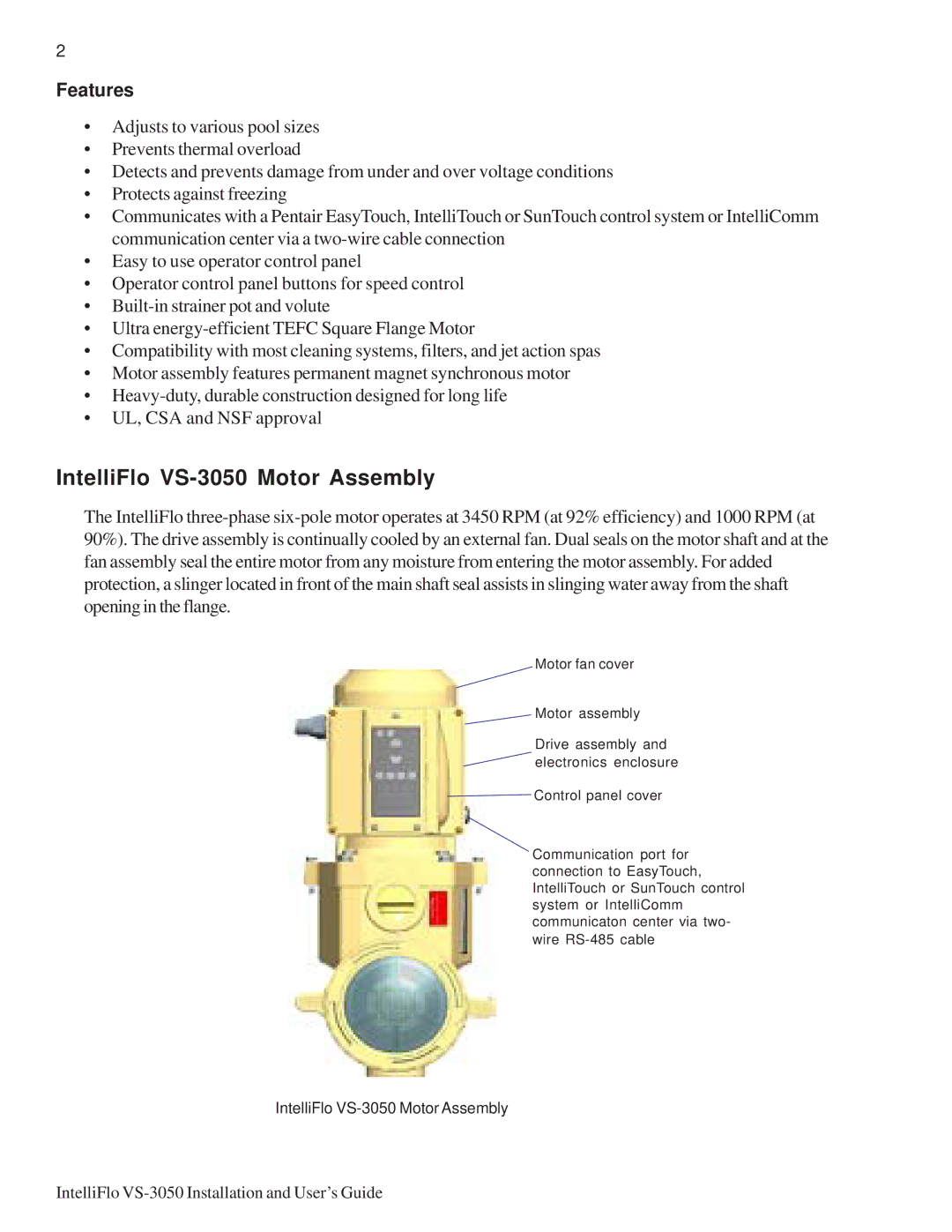 Pentair important safety instructions IntelliFlo VS-3050 Motor Assembly, Features 