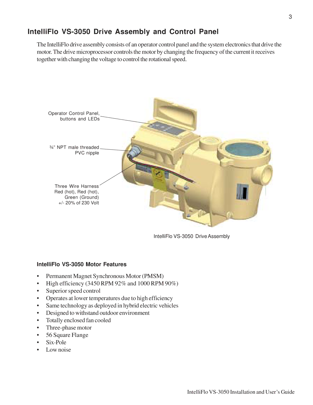 Pentair important safety instructions IntelliFlo VS-3050 Drive Assembly and Control Panel 