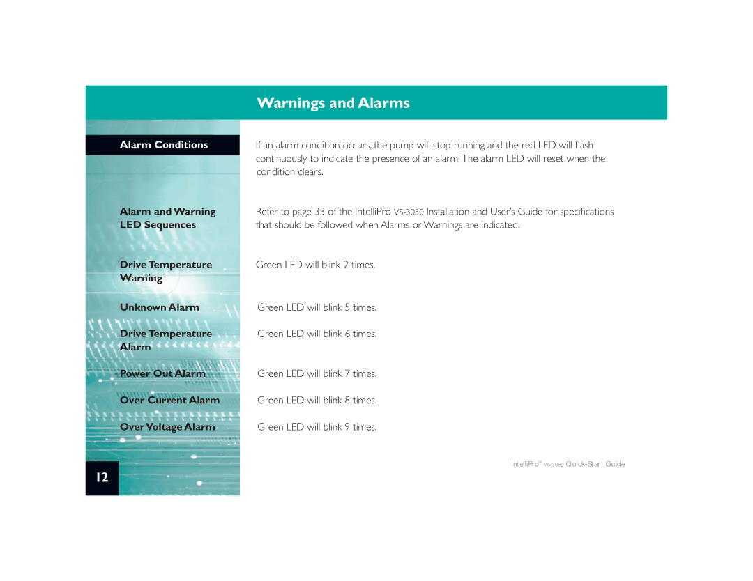 Pentair VS-3050 quick start Alarm Conditions, Alarm and Warning 