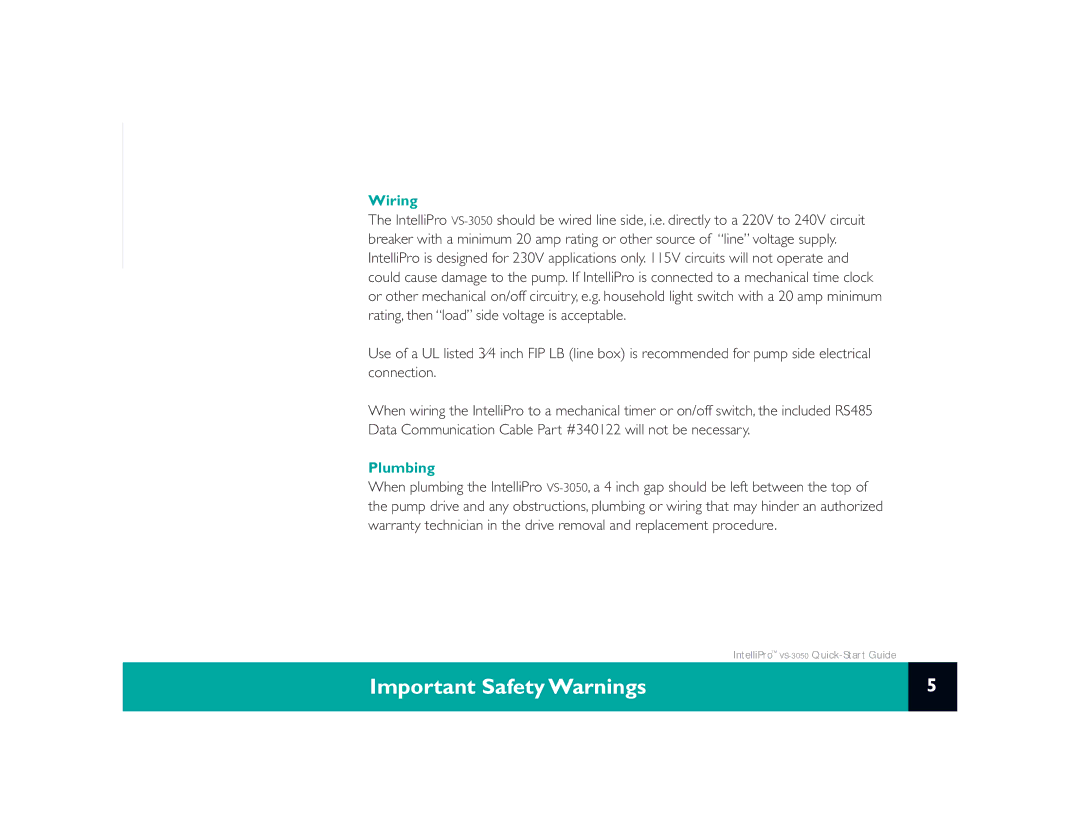 Pentair VS-3050 quick start Important Safety Warnings, Wiring 