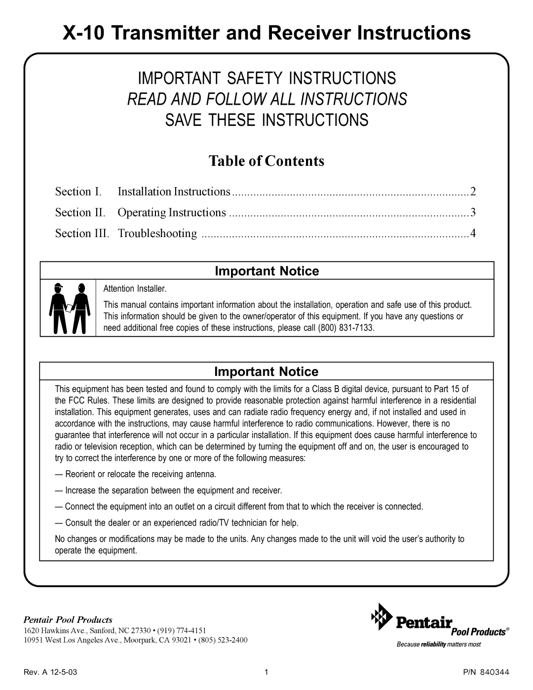 Pentair X-10 important safety instructions Transmitter and Receiver Instructions 