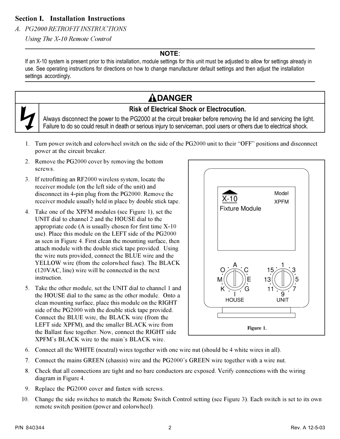 Pentair Section I. Installation Instructions, PG2000 Retrofit Instructions Using The X-10 Remote Control 