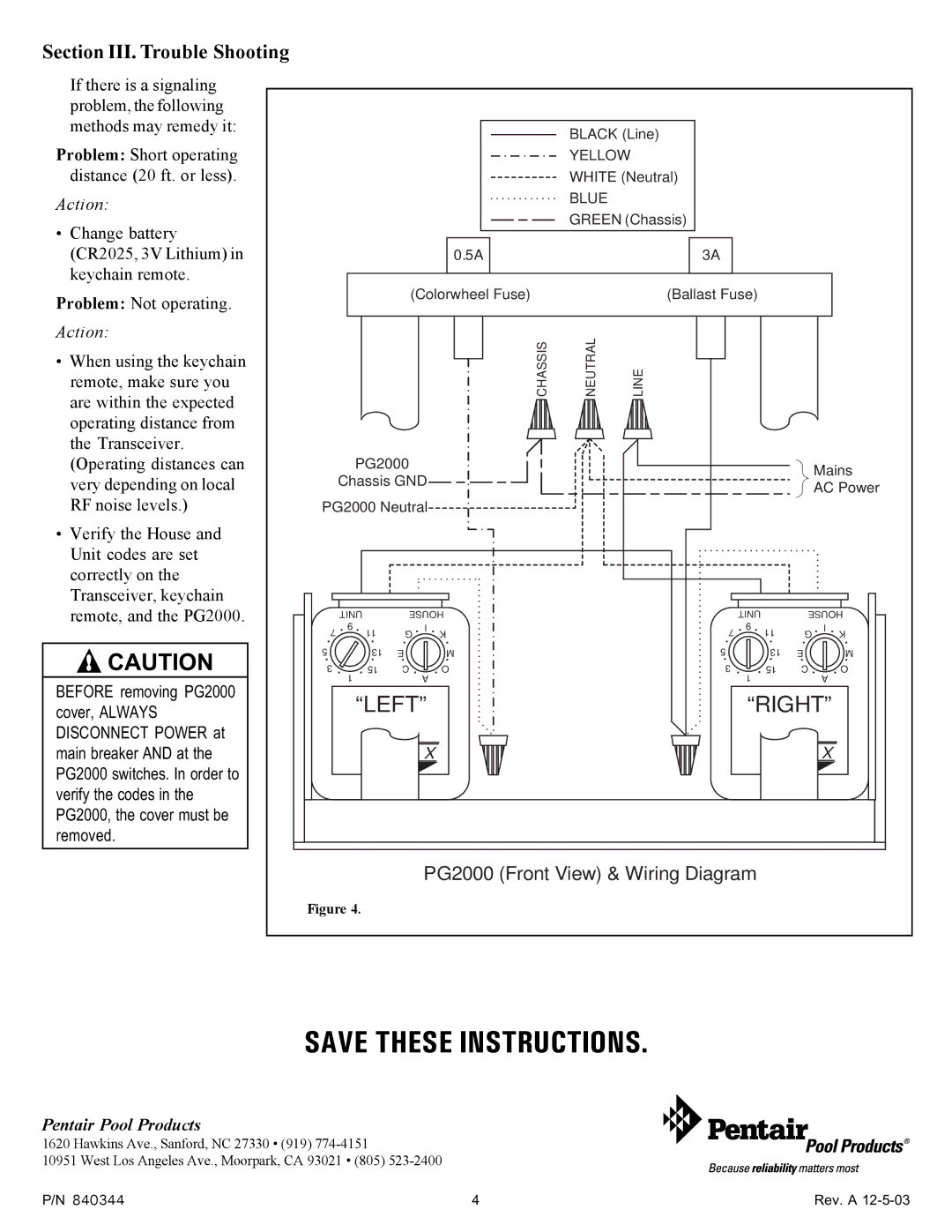 Pentair X-10 important safety instructions Section III. Trouble Shooting, Blue 