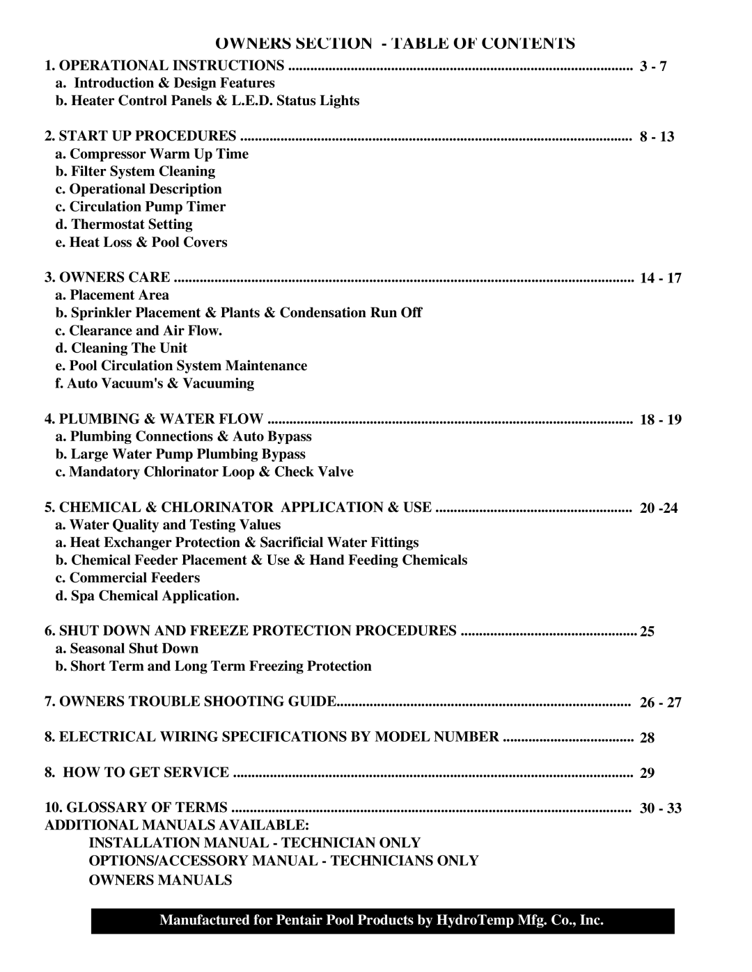 Pentair CP12, XLS800, XLS1000, XLS600, HP 400, HP 600, HP 800, HP 1000, HP 230 Owners Section Table of Contents 