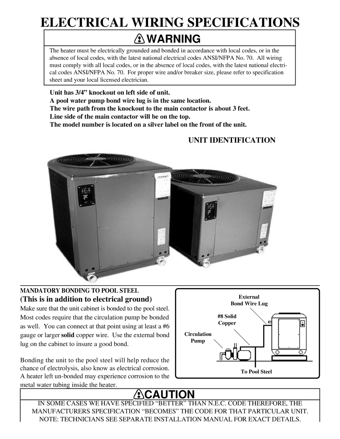 Pentair XLS600, XLS800, XLS1000, CP12 Electrical Wiring Specifications, Unit Identification, Mandatory Bonding to Pool Steel 