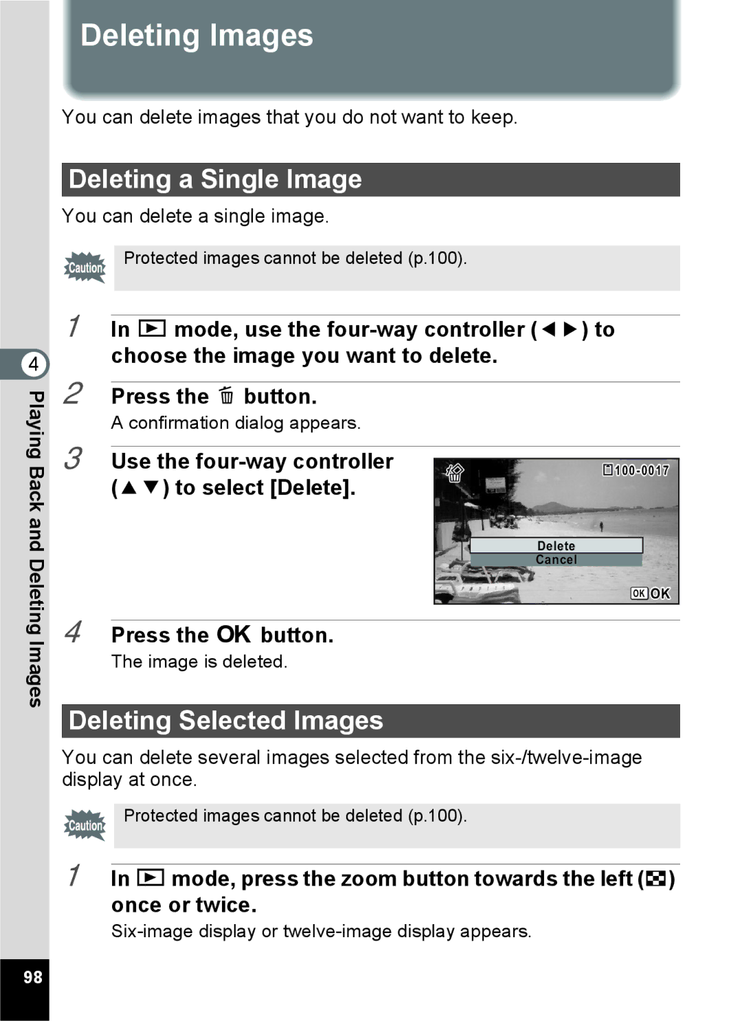 Pentax 14071 specifications Deleting Images, Deleting a Single Image, Deleting Selected Images, To select Delete 