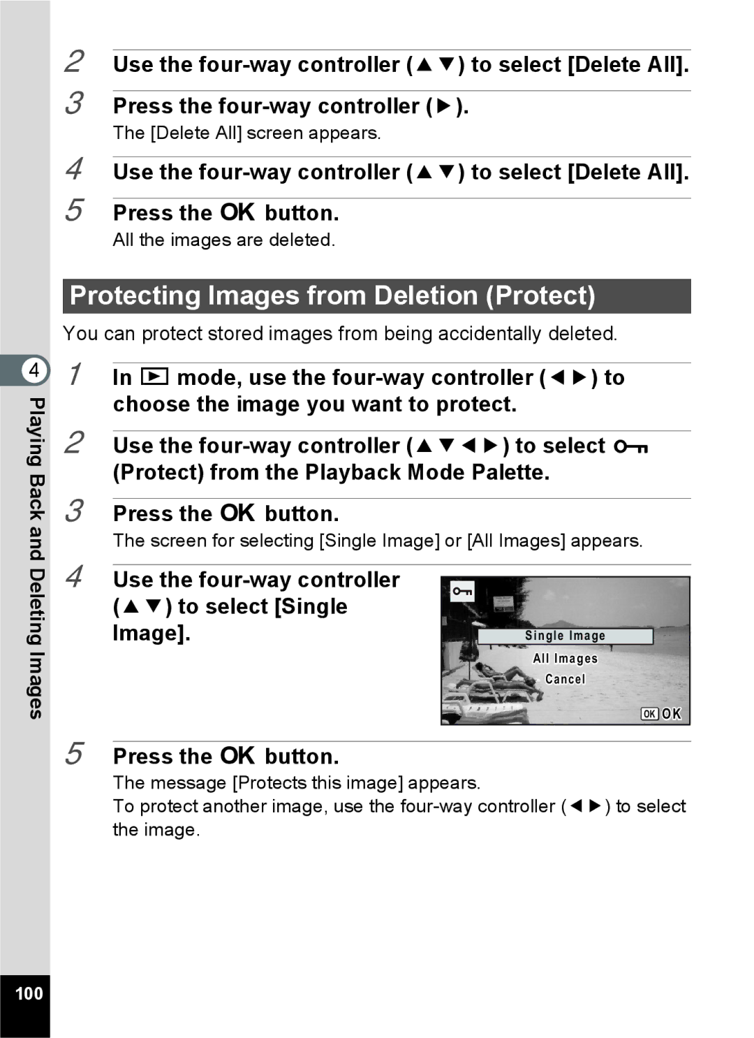 Pentax 14071 specifications Protecting Images from Deletion Protect, Use the four-way controller 23 to select Single Image 